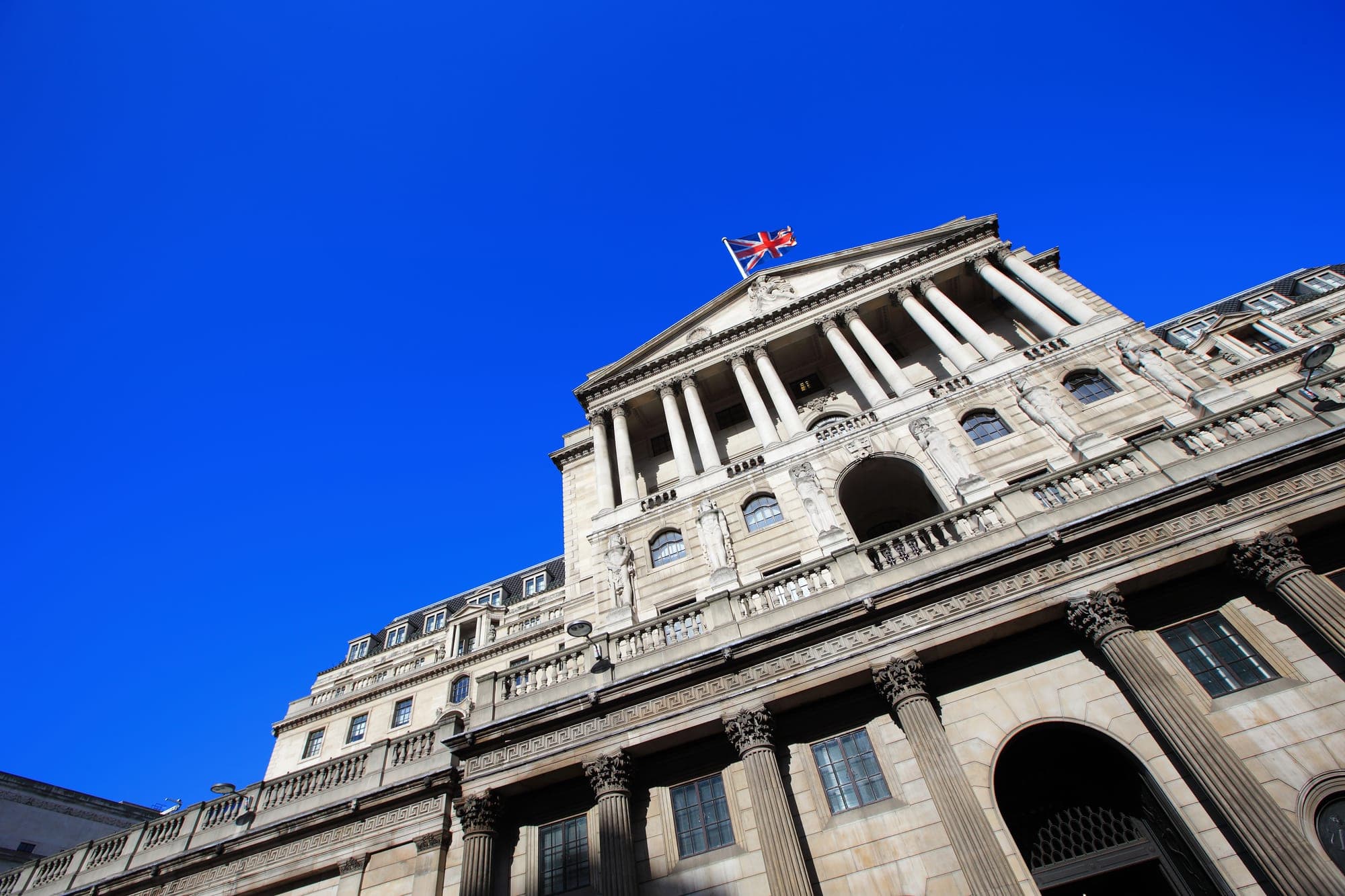 The Bank of England building against a clear blue sky